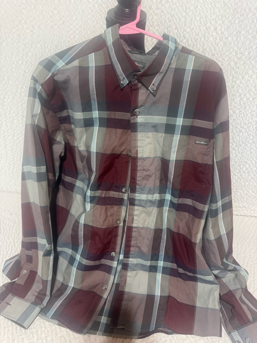 Eddie Bauer Maroon Gray Plaid Button-Down Shirt